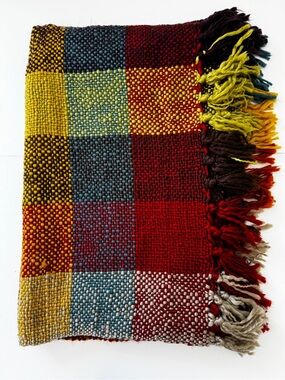 Pier 1 Imports Multicolor Chenille Throw Blanket Square Print Fringe Trim 50x60